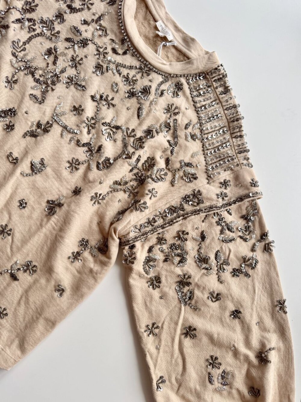 Anthropologie PILCRO Beige Beaded Sequin 100% Cotton Terry Sweatshirt, Size M - Picture 6 of 16
